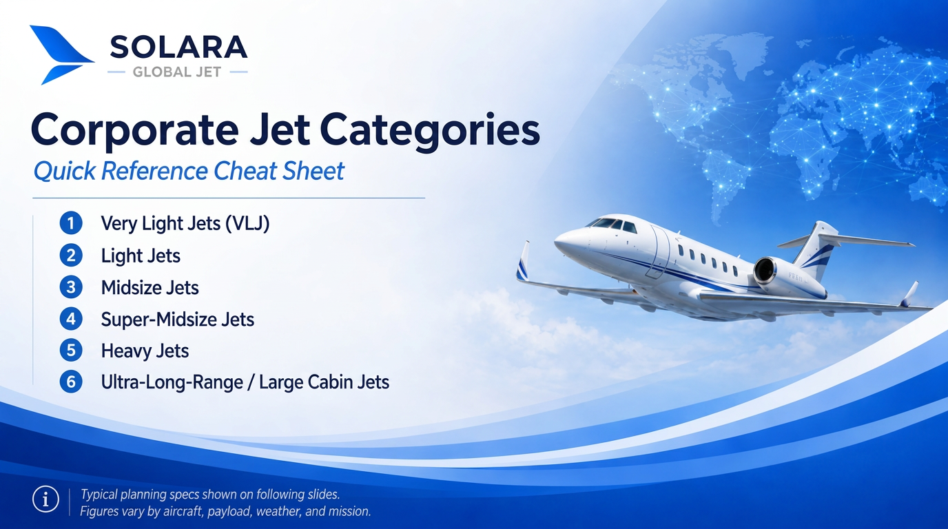 Corporate Jet Categories — Solara Global Jet cheat sheet