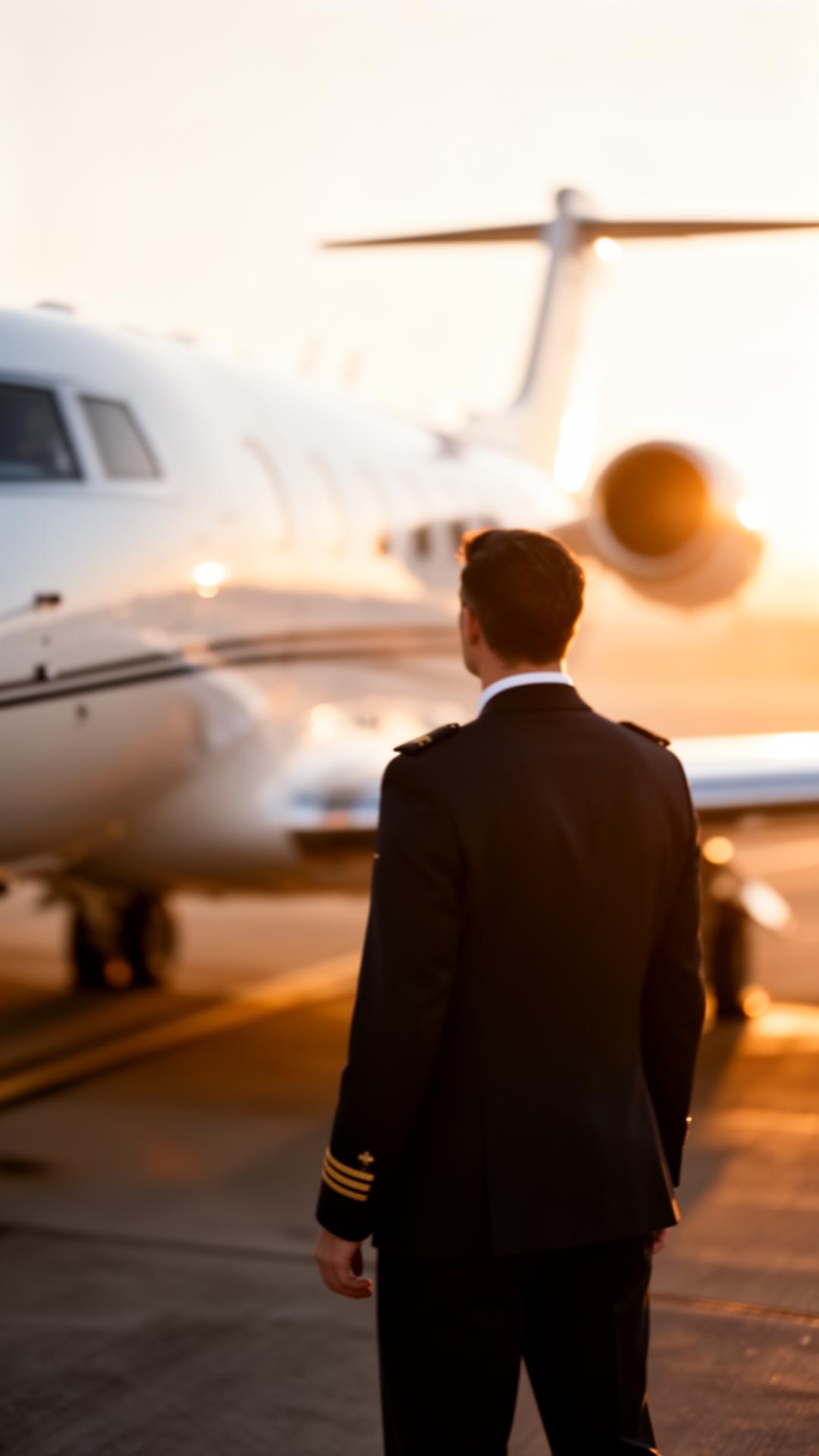 Pilot beside a private jet on the tarmac at golden hour